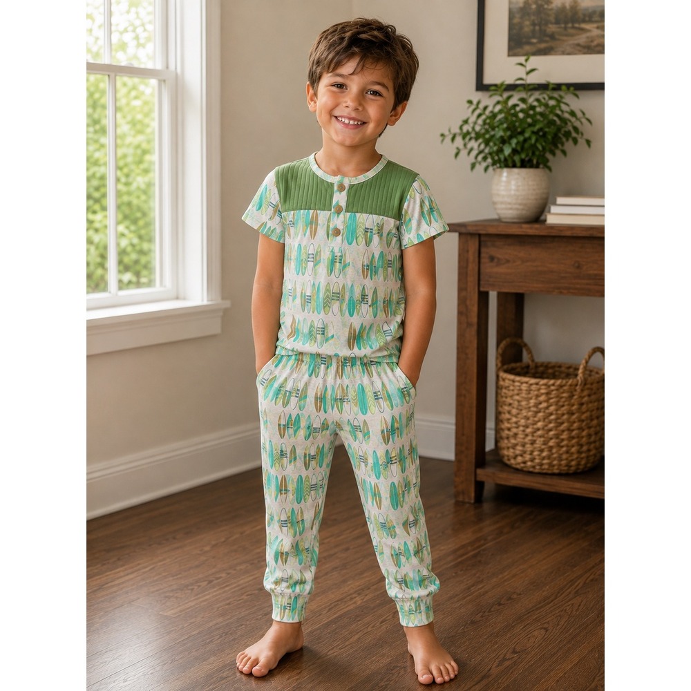 Kate Quinn 3T Surfboard Organic Cotton Henley Pajama Set Green Teal 2pc